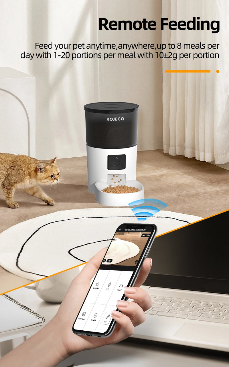 Alimentador automático para gatos ROJECO com câmera, dispensador de comida para gatos, gravador de voz inteligente para animais de estimação, controle remoto, alimentador automático para cães e gatos