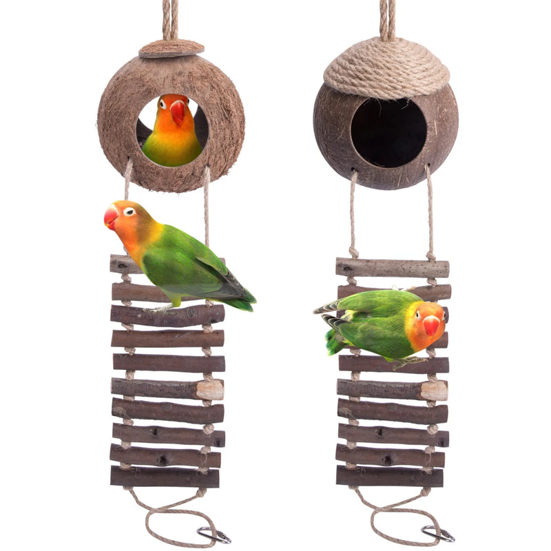 Natural Coconut Shell Bird Cage With Ladder Nesting House Bird Cages With 2 Hanging Hooks For Small Pet Parakeets