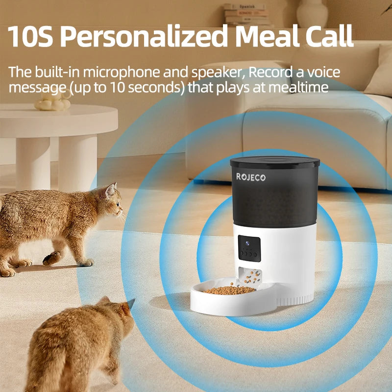 Alimentador automático para gatos ROJECO com câmera, dispensador de comida para gatos, gravador de voz inteligente para animais de estimação, controle remoto, alimentador automático para cães e gatos