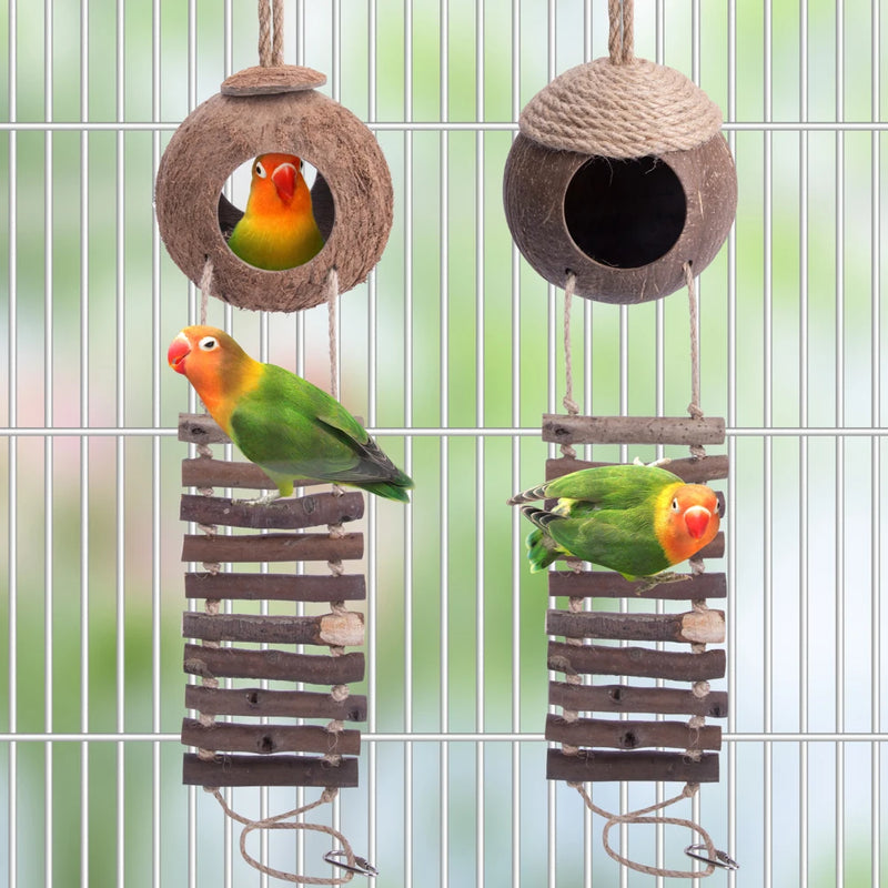 Natural Coconut Shell Bird Cage With Ladder Nesting House Bird Cages With 2 Hanging Hooks For Small Pet Parakeets