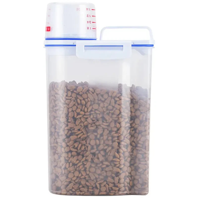 1,5 kg/2 kg Dog Cat Food Balde Tanque de armazenamento de plástico com recipiente de copo de medição à prova de umidade Jar selado Pet Supplies Acessórios