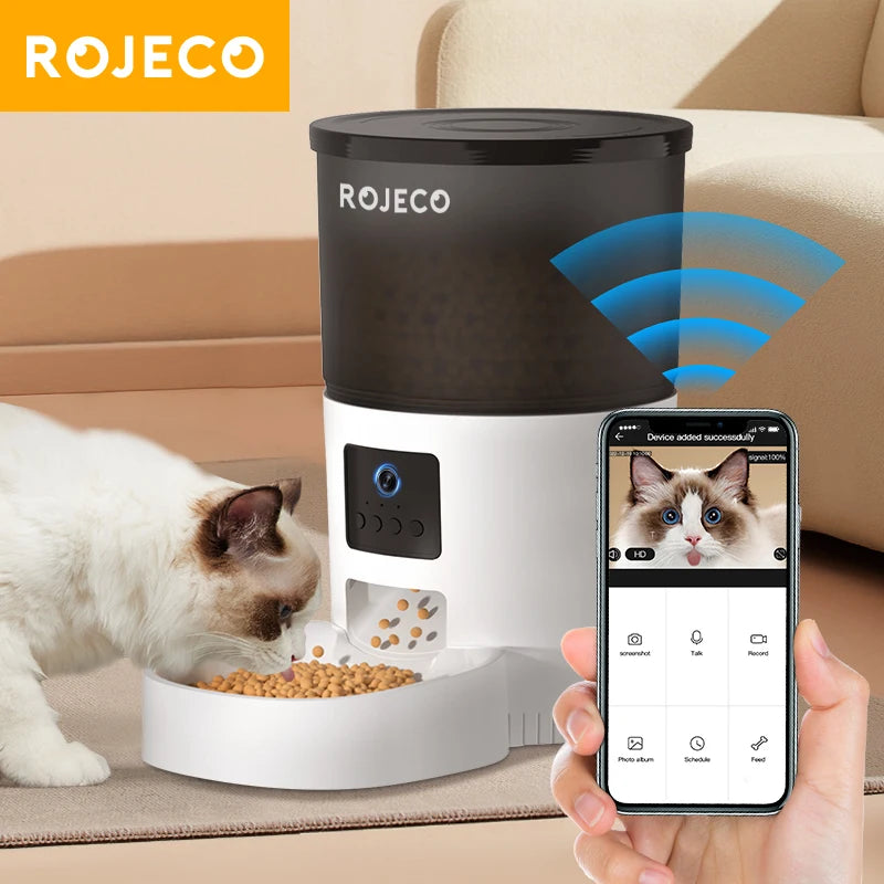 Alimentador automático para gatos ROJECO com câmera, dispensador de comida para gatos, gravador de voz inteligente para animais de estimação, controle remoto, alimentador automático para cães e gatos