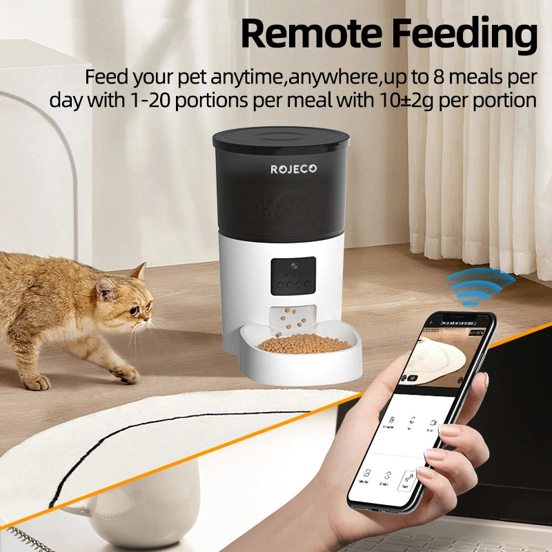 Alimentador automático para gatos ROJECO com câmera, dispensador de comida para gatos, gravador de voz inteligente para animais de estimação, controle remoto, alimentador automático para cães e gatos