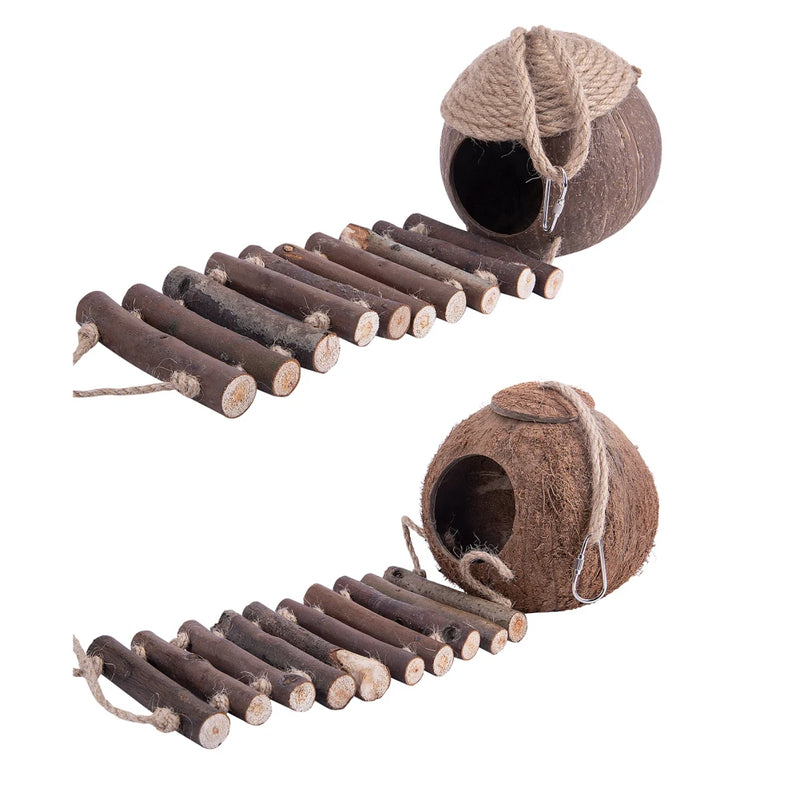 Natural Coconut Shell Bird Cage With Ladder Nesting House Bird Cages With 2 Hanging Hooks For Small Pet Parakeets