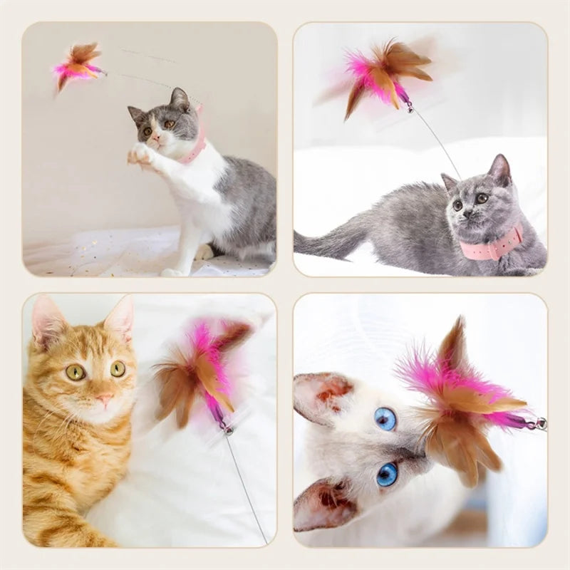 Brinquedos interativos para gatos, vara de provocação de penas engraçadas com sino, coleira para animais de estimação, gatinhos brincando, varinha de provocação, brinquedos de treinamento para gatos, suprimentos