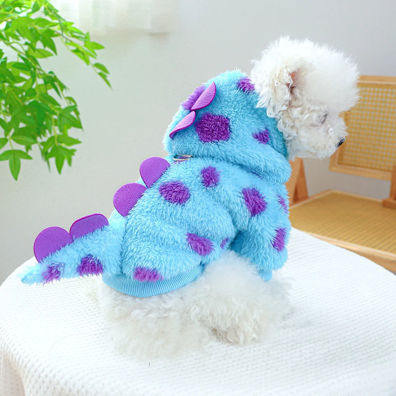 1PC Pet Clothing Dog Cat Autumn and Winter Thickened Warm Blue Dinosaur Hooded Coat With Drawstring Buckle For Small Medium Dogs