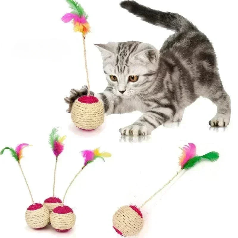 1Pc Brinquedo para Gatos Sisal Bola de Arranhar Treinamento Brinquedo Interativo para Gatinhos Pet Cat Supplies Brinquedo de Penas Brinquedos para Gatos Interativos