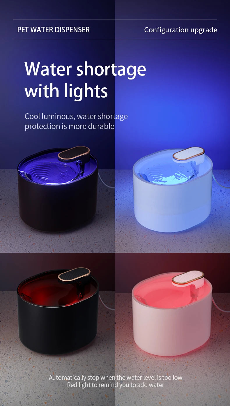 Fonte de água para gatos 3L com sensor de movimento, dispensador automático de água para cães com luz LED, fonte de água potável ultra silenciosa para animais de estimação