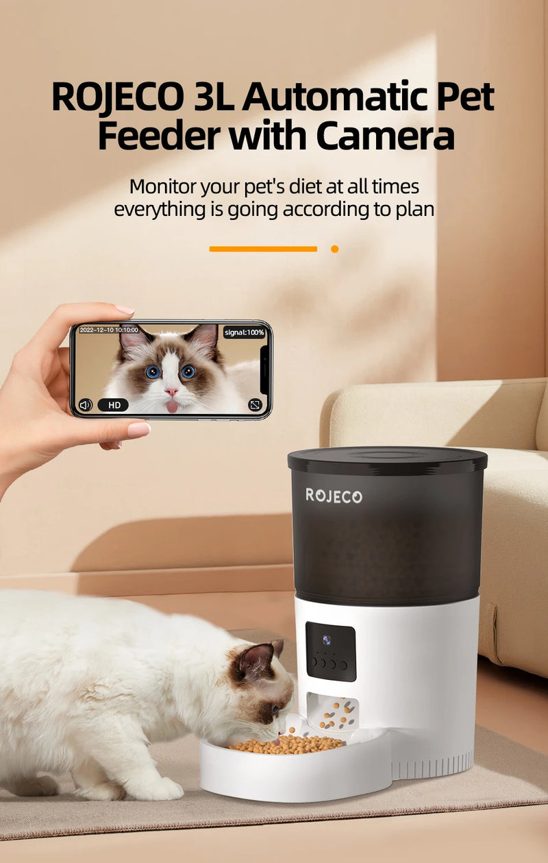 Alimentador automático para gatos ROJECO com câmera, dispensador de comida para gatos, gravador de voz inteligente para animais de estimação, controle remoto, alimentador automático para cães e gatos