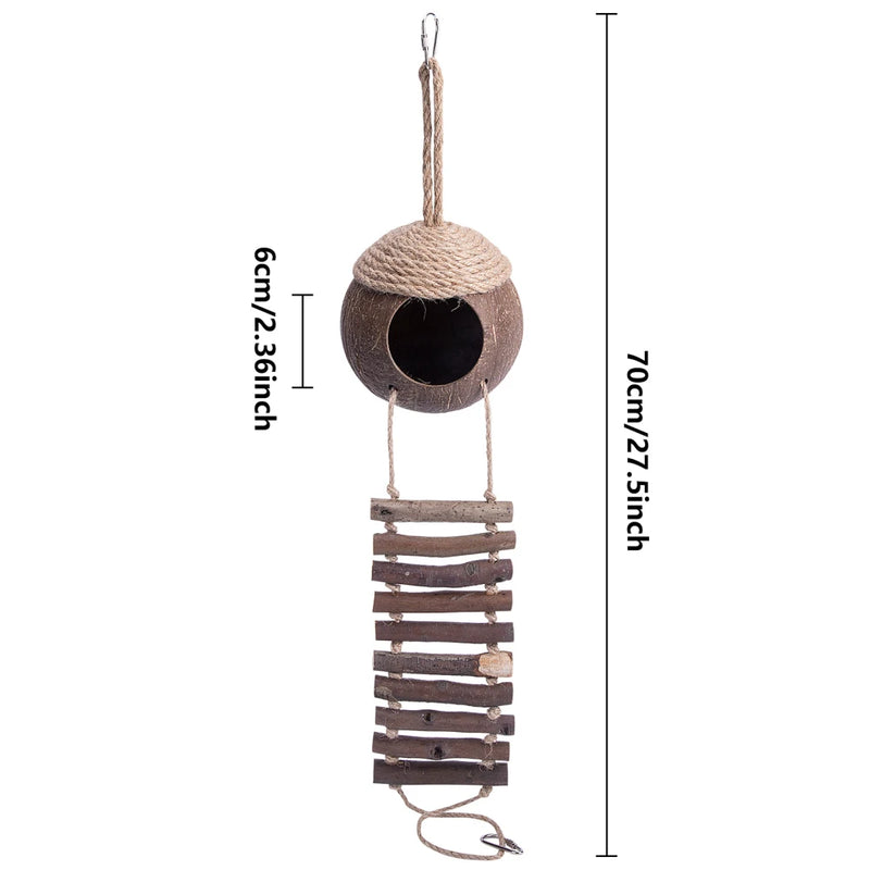 Natural Coconut Shell Bird Cage With Ladder Nesting House Bird Cages With 2 Hanging Hooks For Small Pet Parakeets